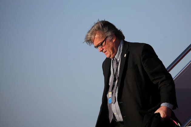 White House chief strategist Steve Bannon arrives aboard Air Force One at Joint Base Andrews, Maryland, U.S., April 9, 2017.