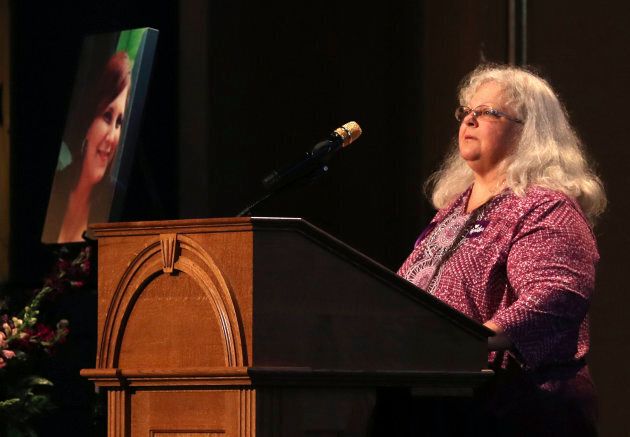 Susan Bro, mother to Heather Heyer, speaks during a memorial for her daughter, at the Paramount Theater on Aug. 16, 2017 in Charlottesville, Virginia.