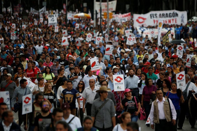 Union workers and farmers protest as NAFTA renegotiation begins in Washington, D.C., in Mexico City, Mexico August 16, 2017.