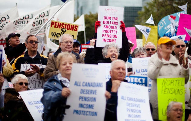 Former employees and pensioners of Nortel Networks Corp gather in front of Queen's Park to protest the loss of pensions and severance pay in Toronto, Ont., Oct. 7, 2009.