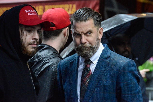 Activist Gavin McInnes takes part in an alt-right protest of Muslim activist Linda Sarsour on April 25, 2017 in New York City.