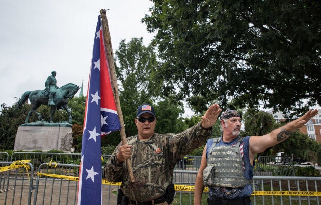 White supremacists in Emancipation Park prior to the Unite the Right rally in Charlottesville, Va., Aug. 12, 2017.