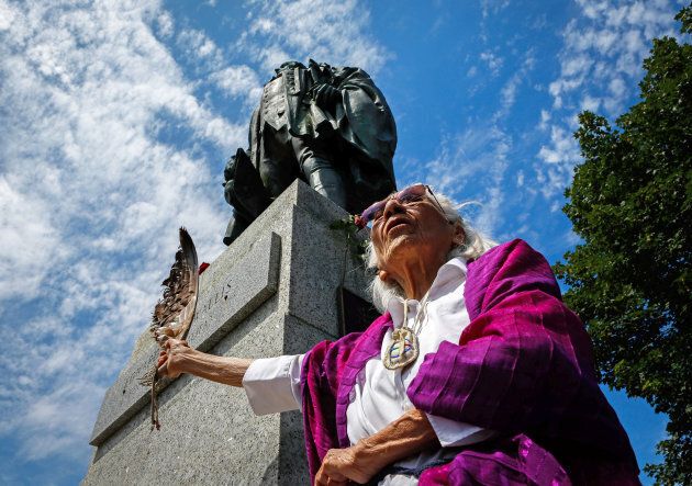 Isabelle Knockwood, an elder of Indian Brook calls for the removal of the statue of Halifax founder Edward Cornwallis, who issued a bounty on the heads of indigenous people, in Halifax on July 15, 2017.