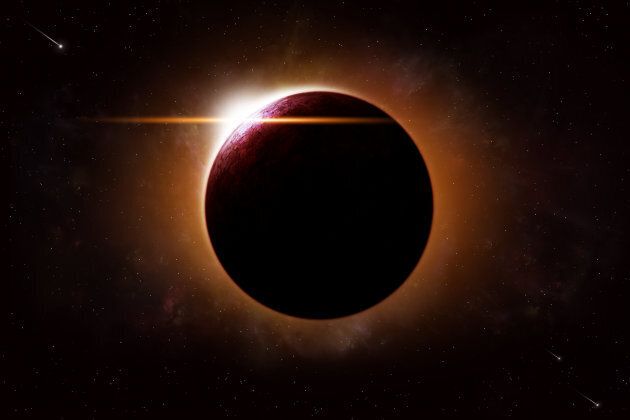 Imaginary deep space eclipse abstract illustration with planets and moons.