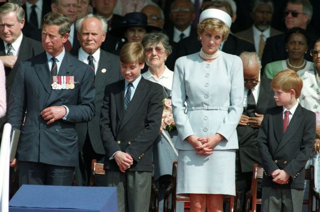 The Prince of Wales, Prince William, Princess Diana and Prince Harry attend the Heads of State ceremony in Hyde Park in London May 7, 1995.