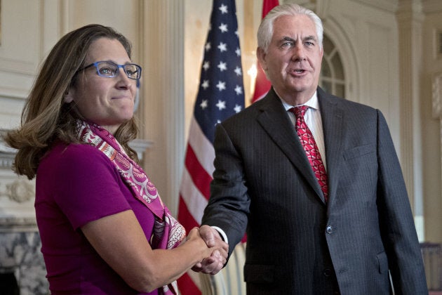 Rex Tillerson, U.S. secretary of state, right, shakes hands with Chrystia Freeland, Canada's minister of foreign affairs, while meeting at the State Department in Washington, D.C. on August 16, 2017 ahead of the first round of NAFTA renegotiations.