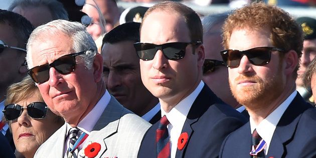 Charles, Prince of Wales, Prince William, Duke of Cambridge and Prince Harry attend a commemoration ceremony at the Canadian National Vimy Memorial in Vimy, France, on April 9, 2017. (REUTERS/Philippe Huguen/POOL)