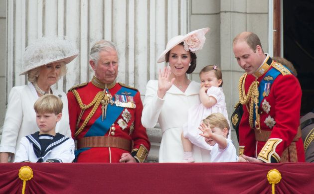 Camilla, Duchess of Cornwall, Prince Charles, Prince of Wales, Catherine, Duchess of Cambridge, Princess Charlotte, Prince George and Prince William, Duke of Cambridge stand on the balcony of Buckingham Palace during the Trooping the Colour, on June 11, 2016 in London, England. (Photo by Zak Hussein - Corbis/Corbis via Getty Images)