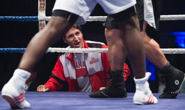 Prime Minister Justin Trudeau looks on during a charity boxing event in Montreal on Aug. 23, 2017.
