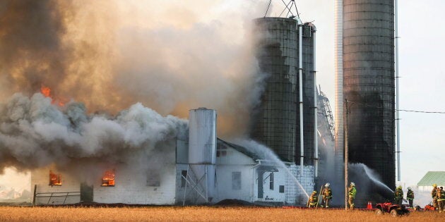 Firefighters battle a barn fire near St. Thomas, Ont., Feb. 1, 2016. Ontario Provincial Police said approximately 90 dairy cows died.