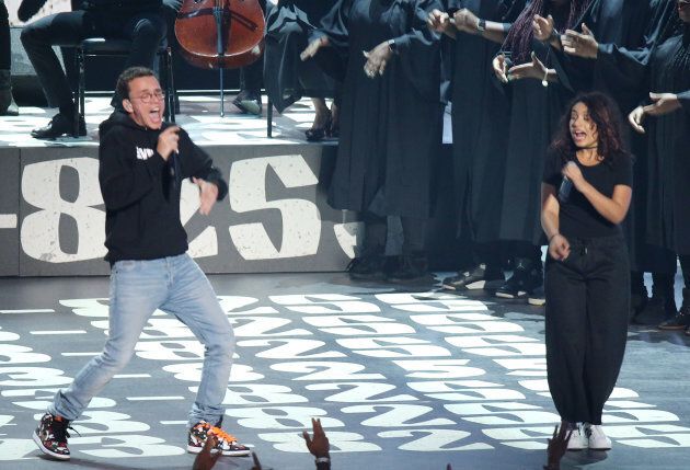 Alessia Cara and Sir Robert Bryson Hall II aka Logic perform onstage during the 2017 MTV Video Music Awards held at The Forum on August 27, 2017 in Inglewood, California. (Photo by Michael Tran/FilmMagic)