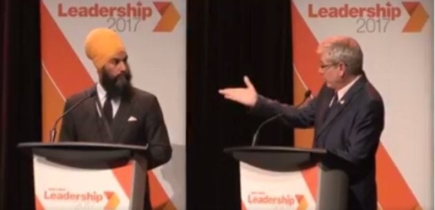 Charlie Angus and Jagmeet Singh debate in Montreal on Aug. 27, 2017.