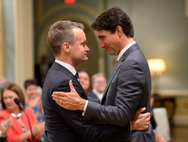 Prime Minister Justin Trudeau congratulates new veterans Affairs Minister Seamus O'Regan at a swearing-in ceremony at Rideau Hall in Ottawa on Aug. 28, 2017.