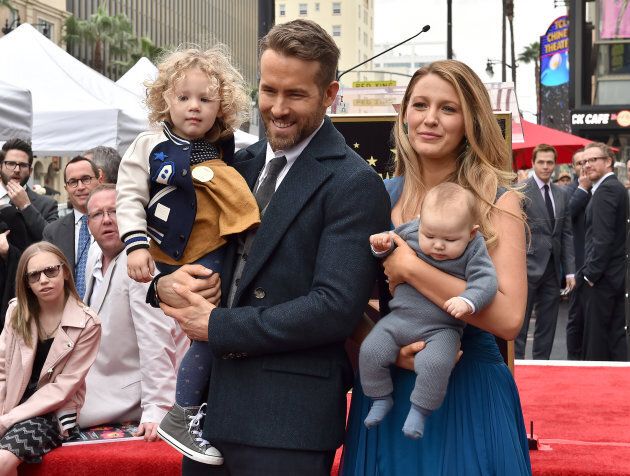 Ryan Reynolds and Blake Lively with daughters James (left) and Ines at the ceremony honoring Reynolds with a Star on the Hollywood Walk of Fame in 2016. (Photo by Axelle/Bauer-Griffin/FilmMagic)