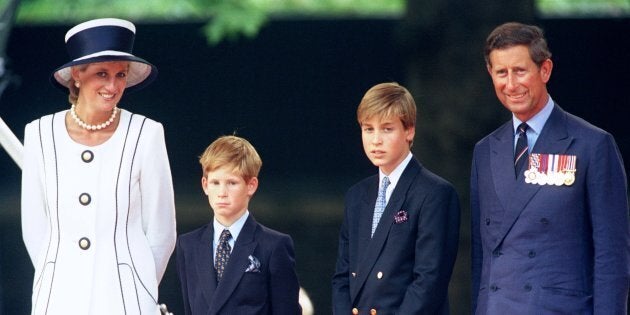 The Prince & Princess Of Wales and Princes William & Harry attend The Vj Day 50th anniversary celebrations In London, Aug. 19, 1995. (Antony Jones/Julian Parker/UK Press via Getty Images)