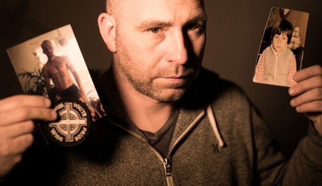 Daniel Gallant holds a childhood photo in one hand, and a white pride patch and photo of himself showing a tattoo of a swastika in the other hand. Gallant is the subject of an educational film made by Extreme Dialogue.