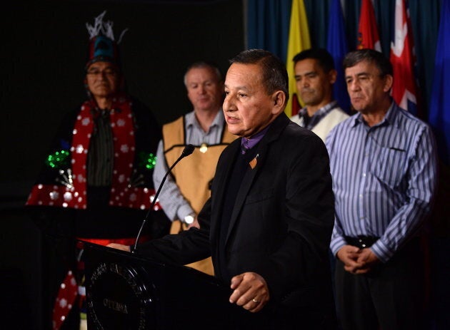 Grand Chief Stewart Phillip, President of the Union of B.C. Indian Chiefs, speaks as B.C. First Nations leaders come together to voice their rejections for Patronas' Pacific Northwest LNG project during a press conference on Parliament Hill in Ottawa on April 19, 2016.