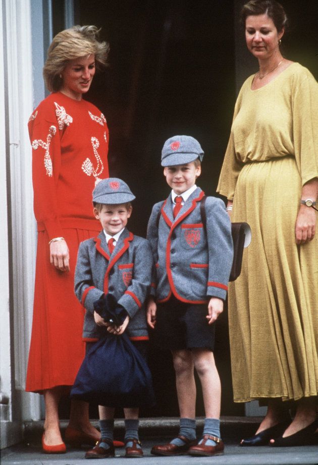 Princess Diana with her sons Prince William and Prince Harry at Wetherby School on September 12, 1989 in London, England. It is Prince Harry's first day at school. (Photo by Anwar Hussein/WireImage)