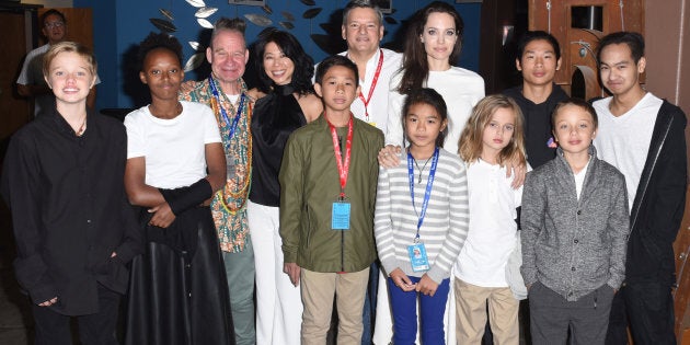 Shiloh Jolie-Pitt, Zahara Jolie-Pitt, Peter Sellars, Loung Ung, Kimhak Mun,Ted Sarandos, Sareum Srey Moch, Angelina Jolie, Vivienne Jolie-Pitt, Pax Jolie-Pitt, Knox Jolie-Pitt and Maddox Jolie-Pitt attend 'First They Killed My Father' at the Telluride Film Festival 2017 on Sept. 2, 2017 in Colorado.