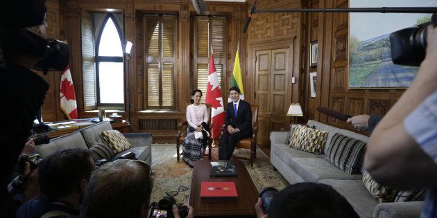 Justin Trudeau meets with Aung San Suu Kyi at Parliament Hill in Ottawa on June 7, 2017.