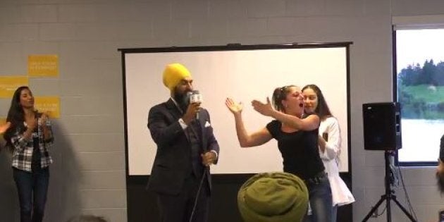 Jagmeet Singh is shown responding to a heckler at an event in Brampton, Ont. on Sept. 6, 2017.