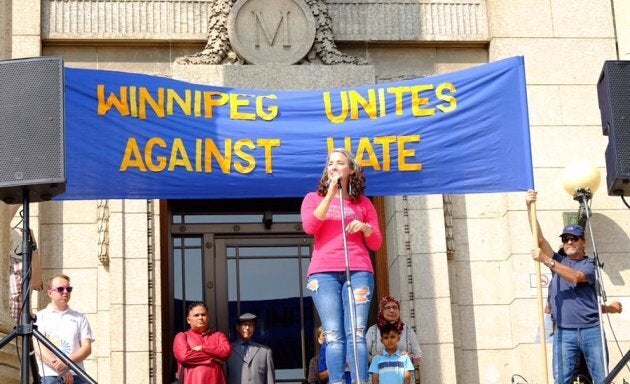 Manitoba MLA Nahanni Fontaine addresses the crowd at the Winnipeg Diversity Rally Against Hate on Saturday.