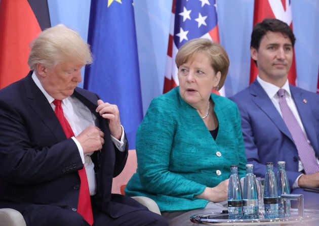 U.S. President Donald Trump, German Chancellor Angela Merkel and Prime Minister Justin Trudeau are shown at the G20 summit in Hamburg, Germany on July 8, 2017.