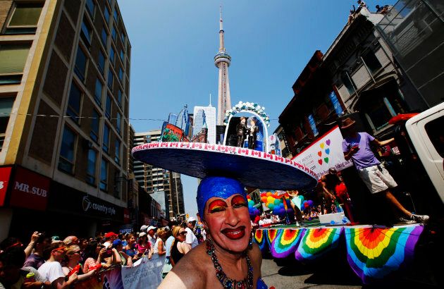 Someone wearing a Toronto hat during the"WorldPride" gay pride Parade in Toronto, June 29, 2014. 2014.