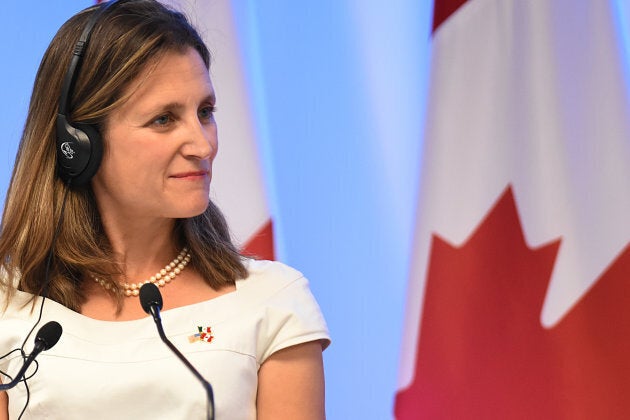 Chrystia Freeland, Minister of Foreign Affairs of Canada, is seen during his speech at meeting with the media as part of the second round of NAFTA negotiations on Sept. 05, 2017 in Mexico City, Mexico.