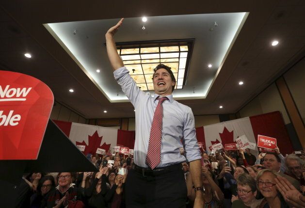 Prime Minister Justin Trudeau, Liberal leader at the time of this photo, takes the stage during a rally in Ottawa on Oct. 20, 2015. Trudeau's election promises included items from tackling climate change to legalizing marijuana.