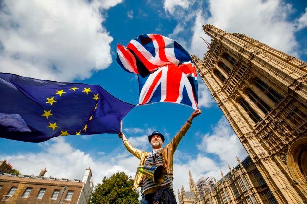 Pro-European Union demonstrators protest outside the Houses of Parliament in central London against the first vote on a bill to end Britain's membership of the EU on Sept. 11, 2017.