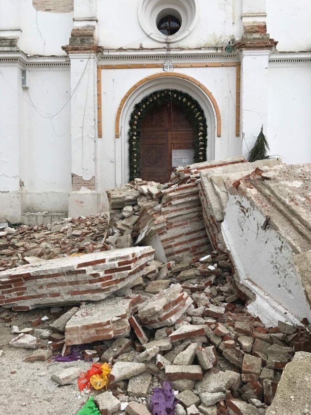 Rubble surrounding an entrance to a church in Zinacantán, a small village near San Cristobal de las Casas.