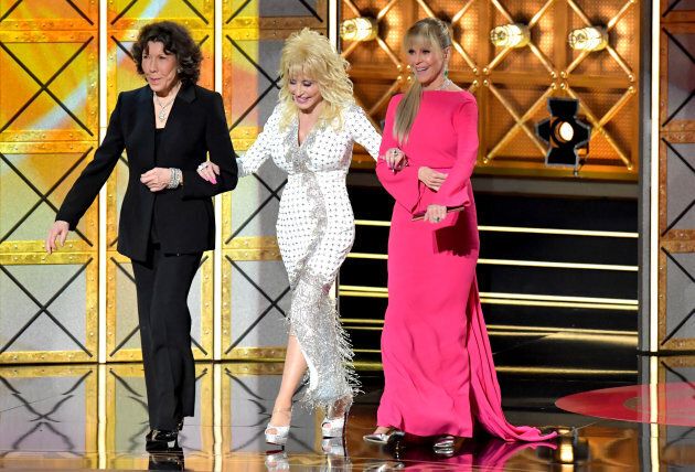 Lily Tomlin, Dolly Parton, and Jane Fonda speak during the 69th Annual Primetime Emmy Awards on September 17, 2017 in Los Angeles. (Lester Cohen/WireImage)