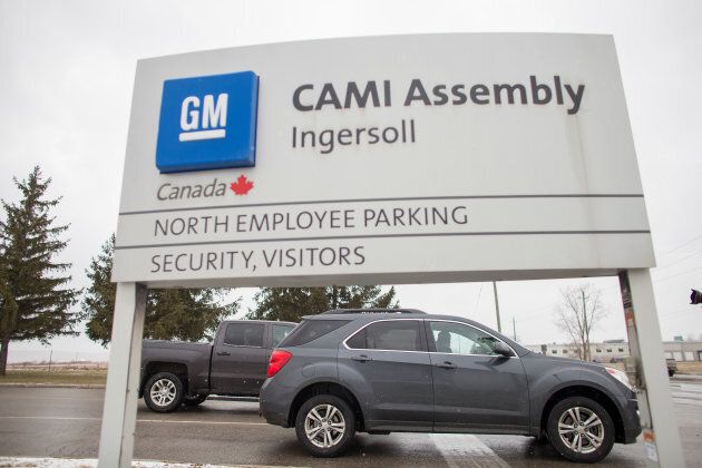 A worker driving a GMC Terrain leaves the General Motors CAMI car assembly plant where the GMC Terrain and Chevrolet Equinox are built, in Ingersoll, Ont., on Jan. 27, 2017.
