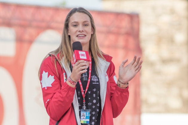 Penny Oleksiak delivers remarks at We Day Canada at Parliament Hill on July 2, 2017 in Ottawa. She will be appearing at Toronto's We Day event.