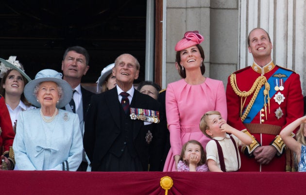 Queen Elizabeth II, Prince Philip, Duke of Cambridge, Duchess of Cambridge, Princess Charlotte of Cambridge, Prince George of Cambridge and Duke of Cambridge during the annual Trooping The Colour parade on June 17, 2017 in London. (Samir Hussein/WireImage)