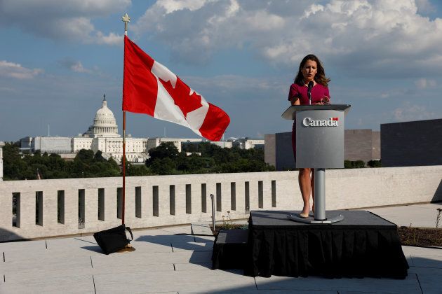 Canada's foreign minister, Chrystia Freeland, speaks at a news conference about the start of NAFTA renegotiations at the Canadian Embassy in Washington, D.C. on Aug. 16, 2017.