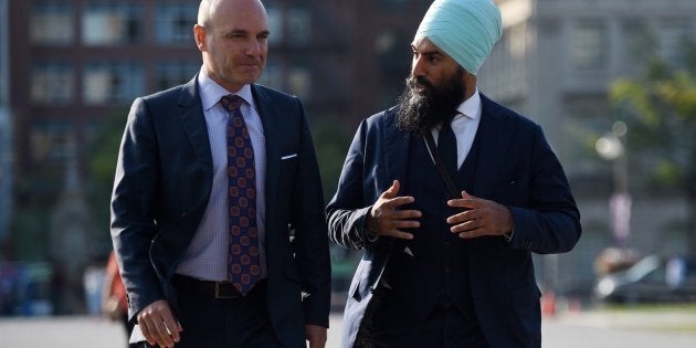 NDP leadership candidate Jagmeet Singh walks with NDP MP Nathan Cullen on Parliament Hill on Sept. 20, 2017.