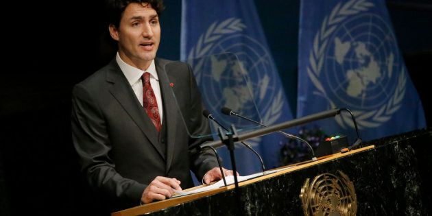 Prime Minister Justin Trudeau delivers his remarks during the signing ceremony on climate change held at the United Nations Headquarters in Manhattan on April 22, 2016.
