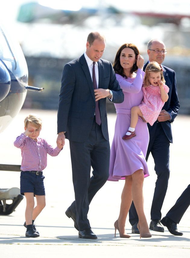 Prince George of Cambridge, Prince William, Duke of Cambridge, Catherine, Duchess of Cambridge and Princess Charlotte of Cambridge depart from Hamburg airport on the last day of their official visit to Poland and Germany on July 21, 2017 in Hamburg, Germany. (Photo by Pool/Samir Hussein/WireImage)