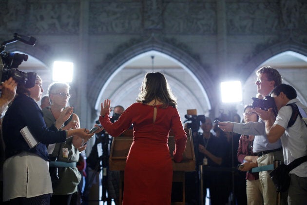 Canada's Foreign Minister Chrystia Freeland speaks to journalists on Parliament Hill in Ottawa, August 14, 2017, on the topic of NAFTA renegotiation.