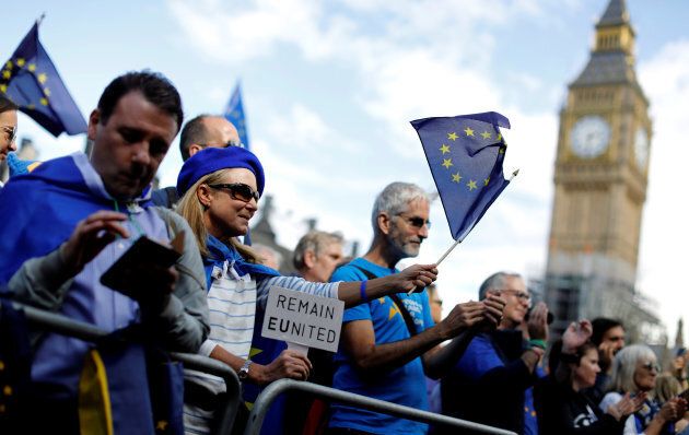Pro-EU demonstrators in London's Parliament Square during the anti-Brexit 'People's March for Europe', Sept. 9.