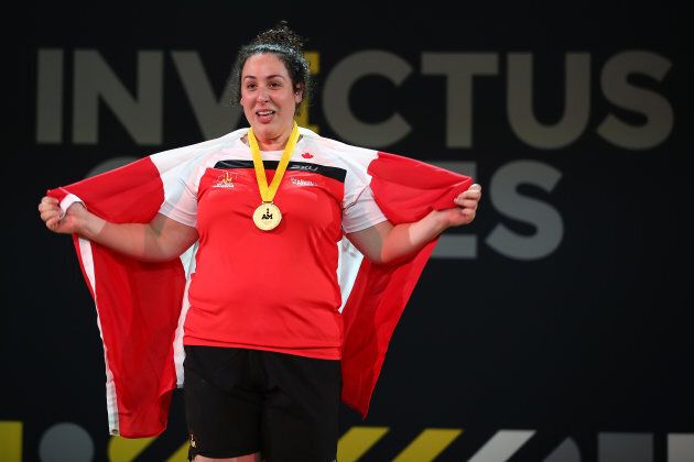 Krista Sequin of Canada celebrates her gold medal in Heavyweight Powerlifting during the Invictus Games 2017 at the Mattamy Athletics Centre on September 25, 2017 in Toronto, Canada. (Photo by Gregory Shamus/Getty Images for the Invictus Games Foundation )