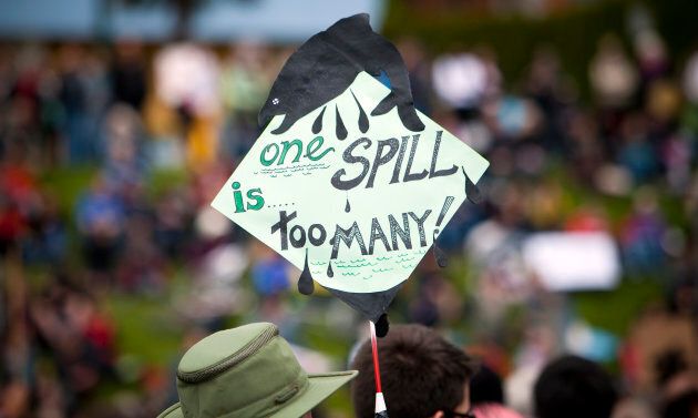 A demonstrator carries a sign in protest against the Northern Gateway pipeline project during a "no" to the Enbridge pipeline rally at English Bay in Vancouver, B.C. May 10, 2014.