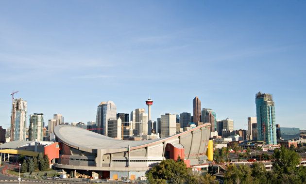 Downtown Calgary with the Saddledome in foreground.