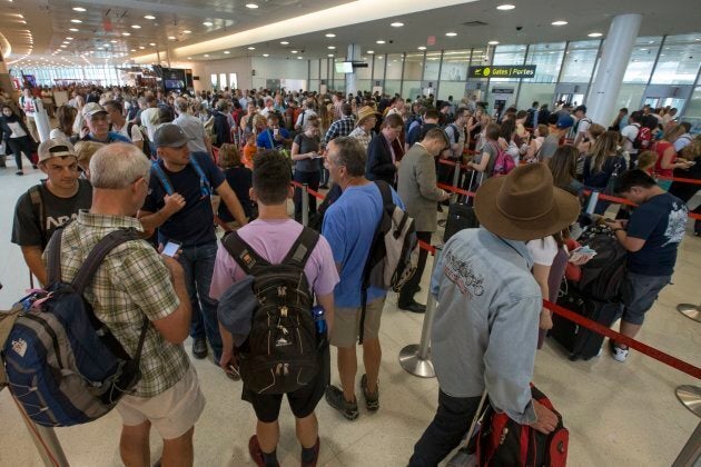 The lineup to enter security at Pearson International Airport's Terminal 1.