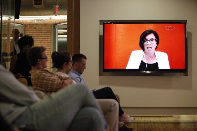 NDP leadership candidate Niki Ashton speaks, via Skype, during a debate hosted by HuffPost Canada in Toronto on Sept. 27, 2017.