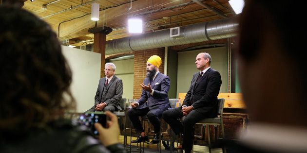 NDP leadership candidates Charlie Angus, Jagmeet Singh, Guy Caron participate in a debate hosted by HuffPost Canada in Toronto on Sept. 27, 2017.