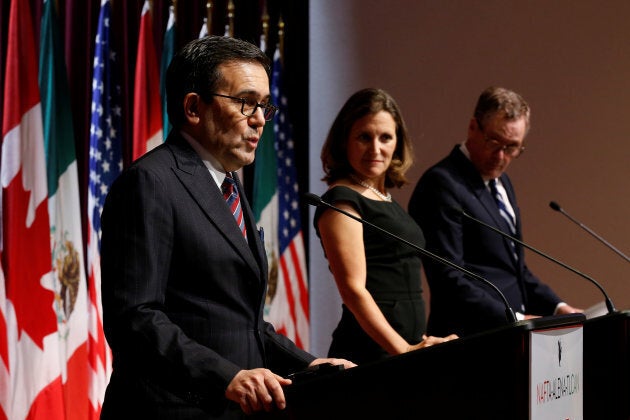 Mexico's Economy Minister, Ildefonso Guajardo (left) addresses the media with Canada's Foreign Minister Chrystia Freeland (centre) and U.S. Trade Representative Robert Lighthizer at the close of the third round of NAFTA talks in Ottawa, Sept. 27. As part of NAFTA negotiations, Bell Canada wants to see tougher measures against internet piracy.