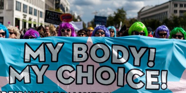 Approximately 2,000 people participate in the counter-demonstration with the Motto 'My Body My Choice'. Under the motto 'Protect the most vulnerable, yes to every child', anti-abortionist and so-called 'lifeguards' marched through Berlin. (Photo by Markus Heine/SOPA Images/LightRocket via Getty Images)
